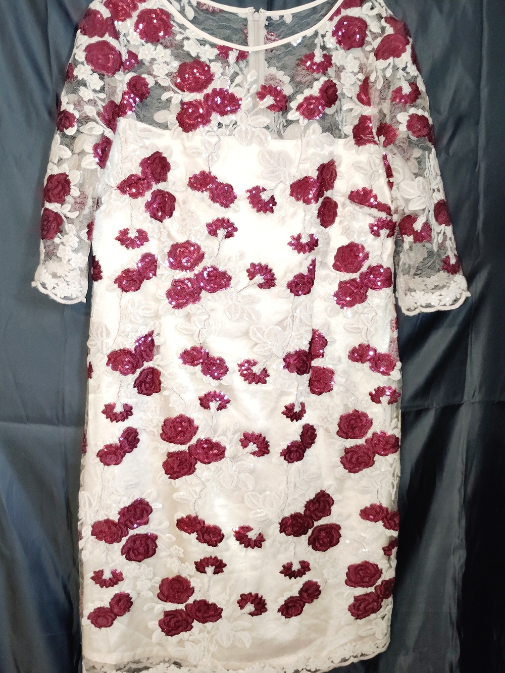 Tahari White Lace Midi Dress with Wine Sequin Floral